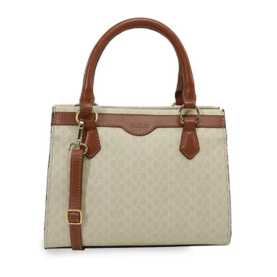 Bolsa feminina creme Classe Couro vista frontal com alças curtas e ferragens douradas